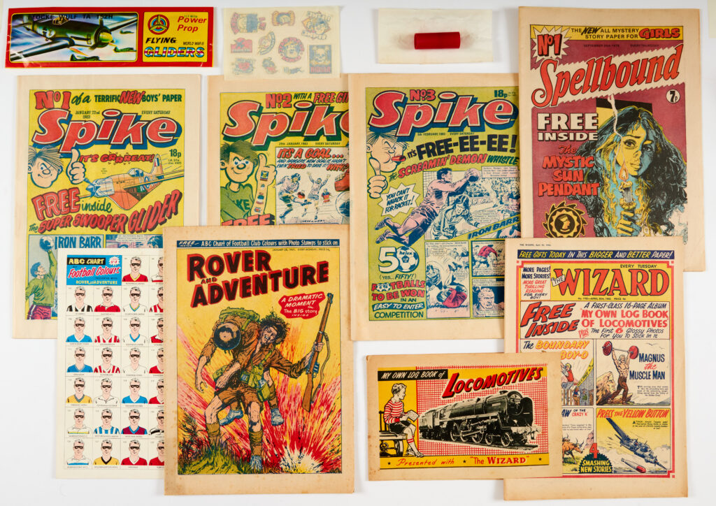 Spike 1 (1963) wfg WW2 Glider, 2 wfg Tattoo Transfers of Dennis The Menace, Gnasher, Desperate Dan etc, 3 wfg Screamin' Demon Whistle, Spellbound 1 (1976), Rover and Adventure (18.1.'61) wfg ABC chart of Football Club Colours and Photo Stamps, Wizard 1785 (1960) wfg My Own Log Book of Locomotives with all 48 Loco Photos attached [vfn] (6)