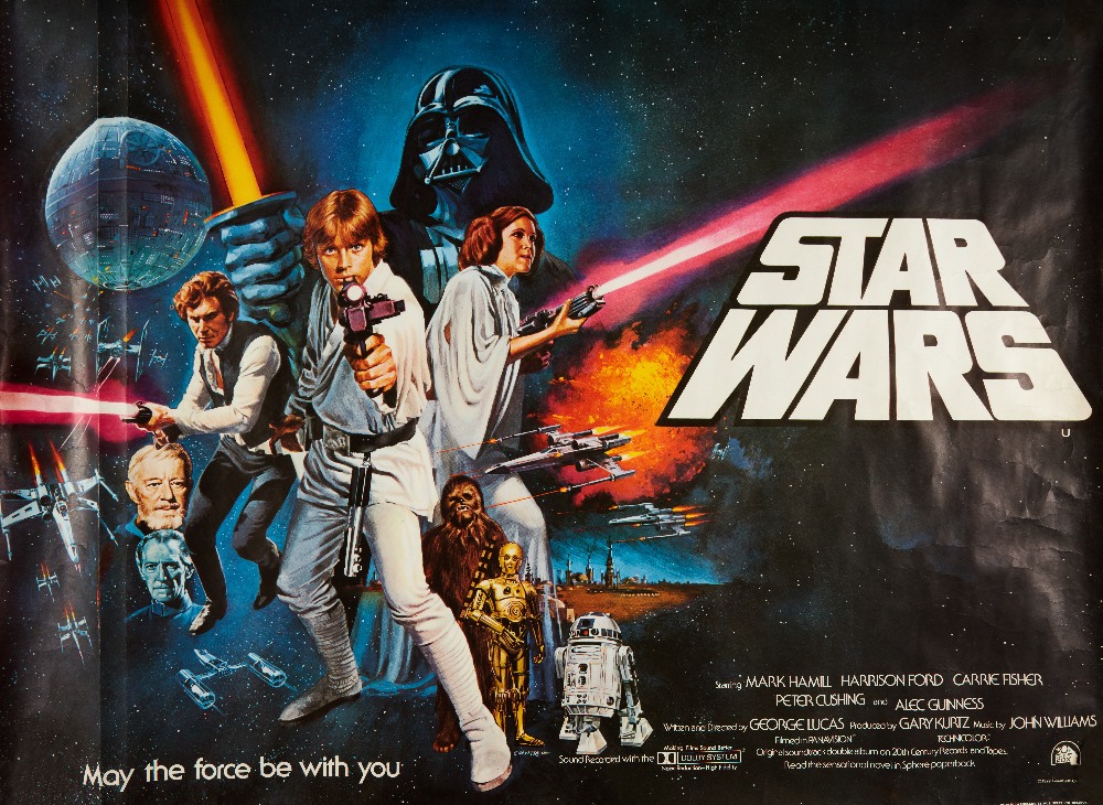 Star Wars original 1977 pre-Oscars UK quad film poster by Tom Chantrell, printed by W.E. Berry of Bradford. Two vertical folds (not breaking colour) near the LH edge of the poster. Rolled, unfolded [vg/fn] condition 30 x 40 ins
