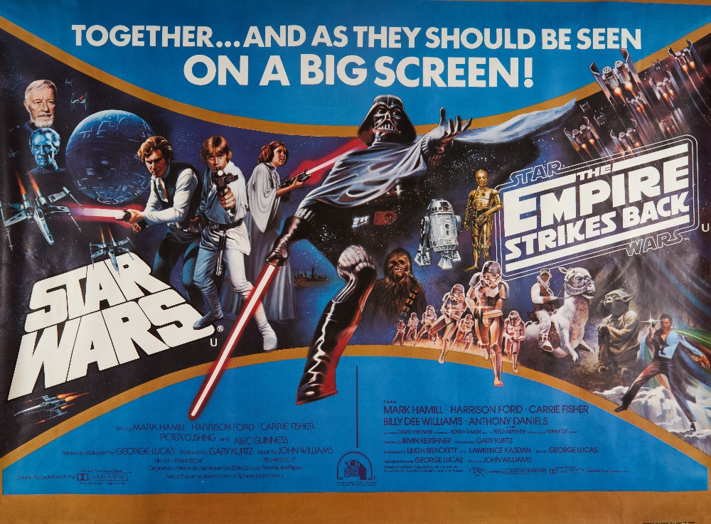 Star Wars/Empire Strikes Back double-bill UK quad film poster by Tom Chantrell 1980. Printed by W.E. Berry of Bradford. Rolled, unfolded [vfn] condition 30 x 40 ins