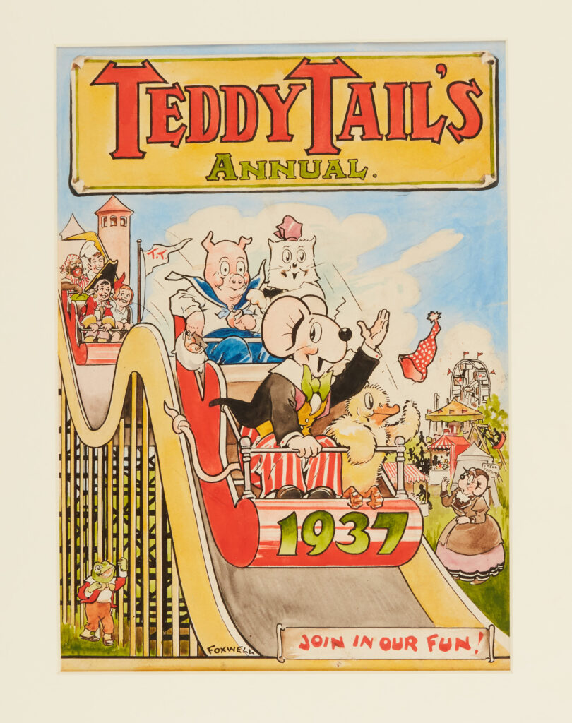 Teddy Tail's Annual original front cover artwork (1937) drawn, coloured and signed by Herbert Foxwell. Watercolour on board in cream card frame 14 x 10 ins.