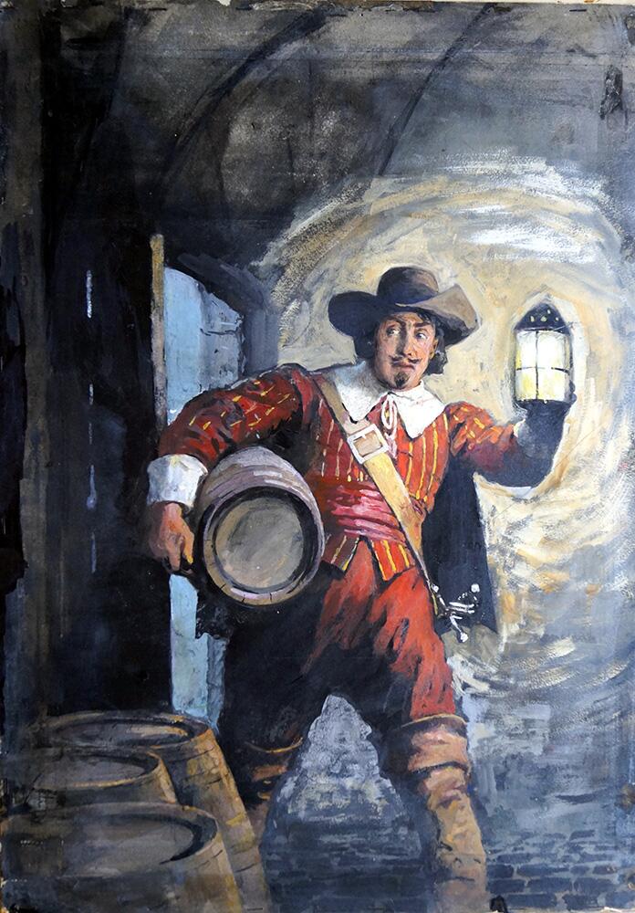 One of two atmospheric original paintings created by Septimus Scott for the cover of Thriller Picture Library No. 49, telling the story of  Guy Fawkes. The publisher went with a different cover, also by Scott.