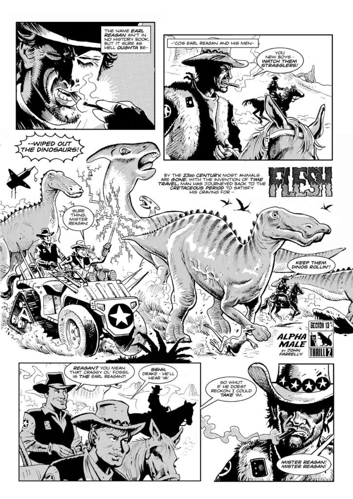 John Farrelly‘s art for a Sector 13 “Flesh” strip, previously pitched to 2000AD