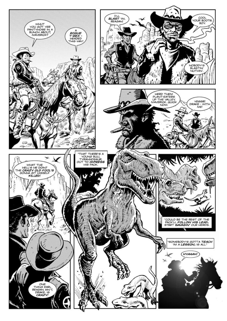 John Farrelly‘s art for a Sector 13 “Flesh” strip, previously pitched to 2000AD