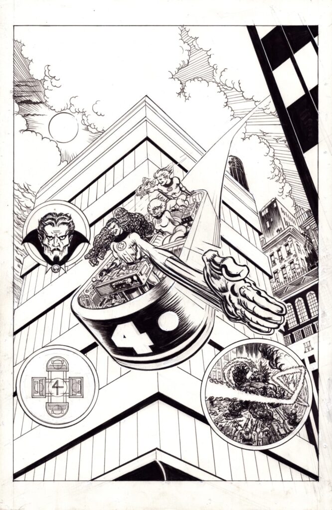 Dynamic original inked splash page by Trevor von Eeden featuring the Fantastic Four in action, with classic team members and cityscape detail