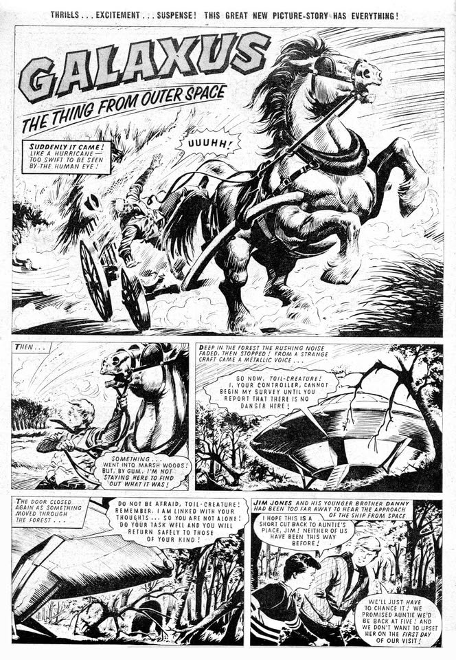 Galaxus made his debut in Buster in November 1966, the story reprinted in The Birthday Book for Boys in 1972. With thanks to Philip Rushton