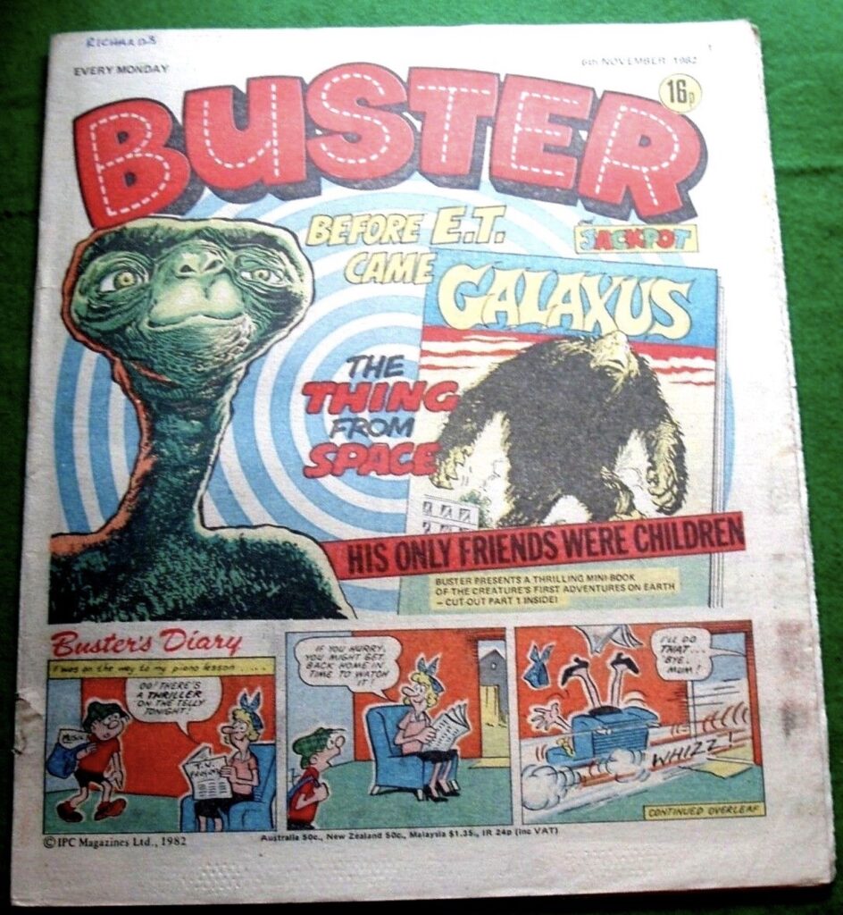 A Galaxus – The Thing From Space Mini Book free gift was given away with the issue of Buster cover dated 6th November 1982. Images via eBay