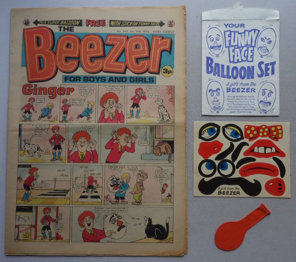Beezer No. 940 Jan 19 1974 With Free Gift Balloon Stick-On Faces (Rare)