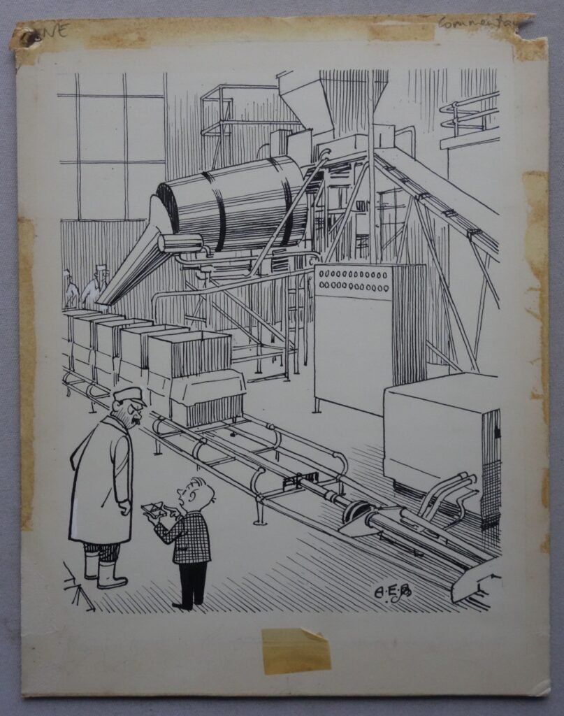 Original 'Dairy Engineering' Cartoon Artwork by A.E.Beard Calendar. A caption reads "Can you spare a bit of cheese? We've got mice in the office" 