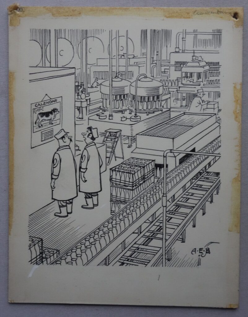 Original 'Dairy Engineering' Cartoon Artwork by A.E.Beard Calendar. A caption reads "So that's a cow" One of a selection items sold by auction through Phil-Comics, supplied by the family of the late comic artist, Jim Baikie. 