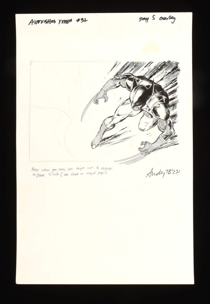 Andy Lanning original page overlay art for Astonishing X-Men No. 32, page No. 5 featuring Wolverine (Marvel Comics, 2023)