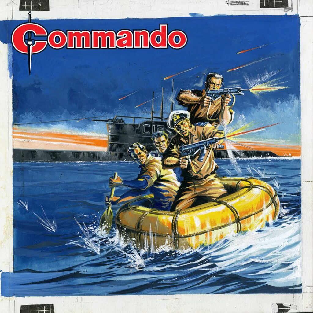 Commando 5920: The Pirates of Sub 13
Writer: Eric Hebden | Artist and Cover Artist: Gordon C. Livingstone 
First published as Commando No. 596 (1971) and 1676 (1983)