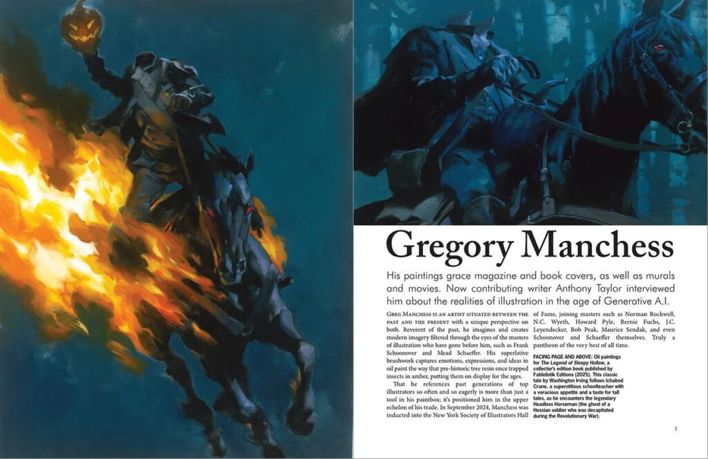 illustrators 49: Author: Diego Cordoba | Artists: Gregory Manchess, Frank Cho, Hannah Gillingham, The Eternaut | Publisher: Book Palace Books, November 2025 | Number of pages: 112 | Format: Soft Cover; Full Colour illustrations | Size: 9" x 11" (216mm x 280mm) | ISBN: 9781913548803