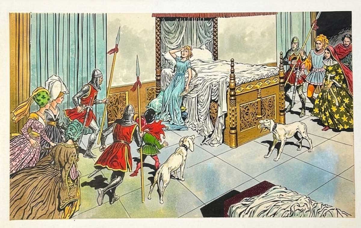 "Sleeping Beauty Under the Spell" by Jesus Blasco (1958)

A large original watercolour, pen and ink painting by Jesus Blasco. Sleeping Beauty falls onto her bed as the spell takes hold. A lovely double page spread from the master of the illustrated fairy tale.