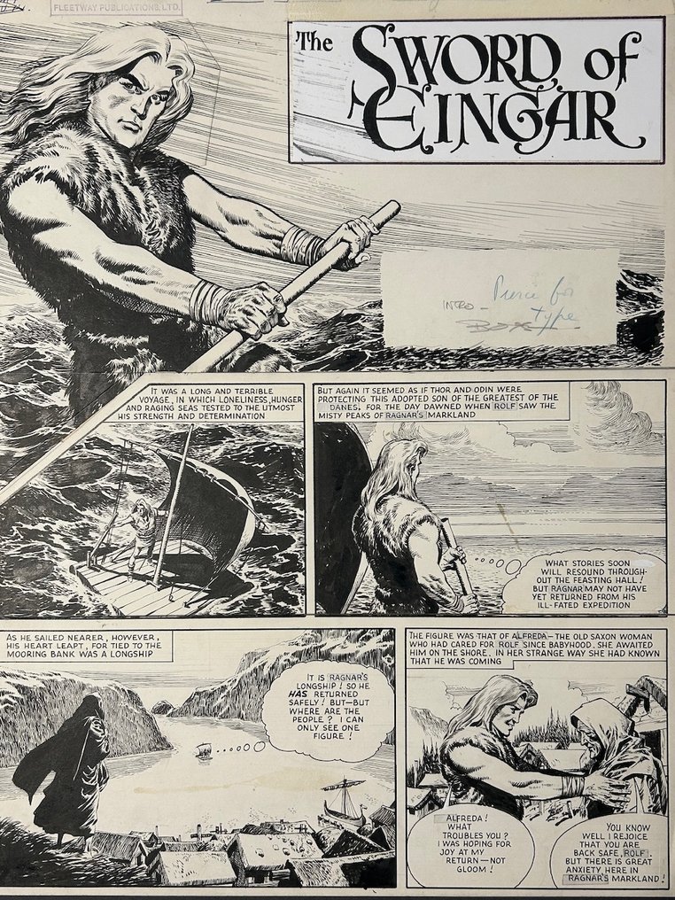 A fantastic original Karl the Viking page drawn by Don Lawrence -  title page was originally drawn for the 17th December 1960 cover dated issue of Lion. The detailed art perfectly portrays the story full of action, intrigue and suspense, and has a huge first panel featuring the hero.