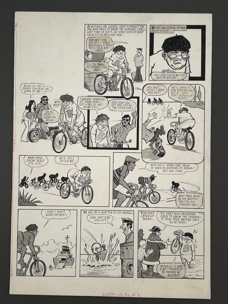 Benny Hill goes for a cycle in France, and gets into all sorts of trouble in this fun 1 page episode originally published in Look-in magazine issue 31, circa 1987. There are many double entendre jokes throughout this artwork, just as in the television show