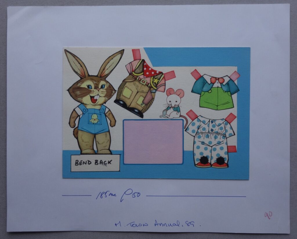 Maple Town Annual 1989 Original comic artwork for Page 55. Phil-Comics is " pretty sure" this page of artwork was published in the 1989 Maple Town annual. It says "M. Town A. 89" and "185 mm P54" (presumably page 54). Maple Town was aimed at a nursery audience. The overall page measures 25.5 x 25.5 cm (10 x 10 inches). Lovely crisp lines and sharp painting - very vivid colours.