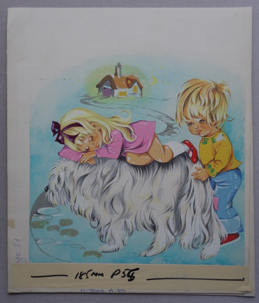 Maple Town Annual 1989 Original comic artwork for Page 55. Phil-Comics is " pretty sure" this page of artwork was published in the 1989 Maple Town annual. It says "M. Town A. 89" and "185 mm P54" (presumably page 54). Maple Town was aimed at a nursery audience. The overall page measures 25.5 x 25.5 cm (10 x 10 inches). Lovely crisp lines and sharp painting - very vivid colours.