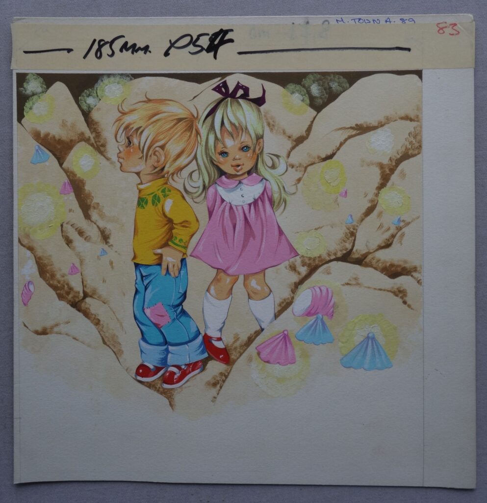 Maple Town Annual 1989 Original comic artwork for Page 64. Phil-Comics is " pretty sure" this page of artwork was published in the 1989 Maple Town annual. It says "M. Town A. 89" and "185 mm P54" (presumably page 54). Maple Town was aimed at a nursery audience. The overall page measures 25.5 x 25.5 cm (10 x 10 inches). Lovely crisp lines and sharp painting - very vivid colours.