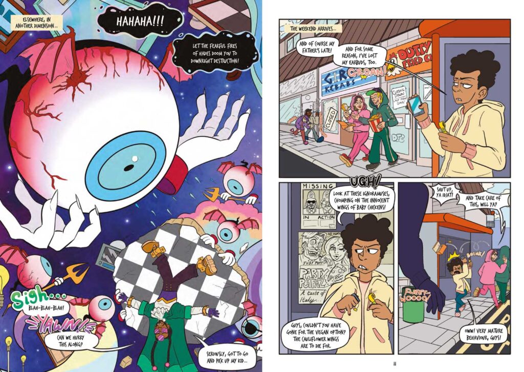 Early pages from My Dad Fights Demons! by Bobby Joseph & Abbigyale Bircham. Some parents will come up with just about any excuse to be late meeting their estranged child, won't they?