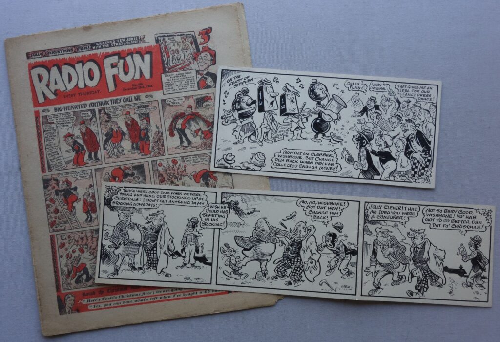 Radio Fun comic #324 Dec 23 1944 Christmas + Preliminary Artwork by Roy Wilson GD+

The comic has medium tanning. One page has a 1.5 inch tear and crease to the edge. Odd mark, a few small tears and odd crease. GD+

The comic is paired here with two preliminary trial artworks by highly esteemed comic artist Roy Wilson executed prior to his final drawing for publication. He was a perfectionist and would often draw half, or even a full, strip but decide it wasn't quite good enough for his own high standards and consequently would re-draw it. So this is very close to the final version used for the comic. It is a unique original pen and ink drawing by one of the most renowned and respected of British comic artists and as unique as the final finished artwork.

The panels were destined for the entire top row and the final panel in the fourth row on the rear cover "Stymie and his Magic Wishbone" strip. The larger one measures  and measures approximately 15 x 3.75 inches and the smaller one 8.5 x 4 inches, on fairly rigid card. Indian ink over pencils. There's a fold between the second and third panel on the three page strip (we will post it folded so it fits the large letter size - it doesn't make the fold any worse). You can see the closeness of the panel to the one in the final page of the comic in the pictures above.
