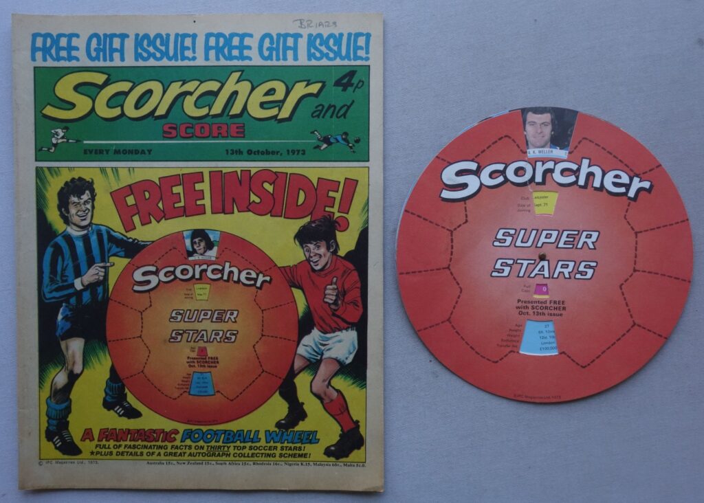 Scorcher and Score cover dated 13th October 1973 With Free Gift - Super Stars Wheel