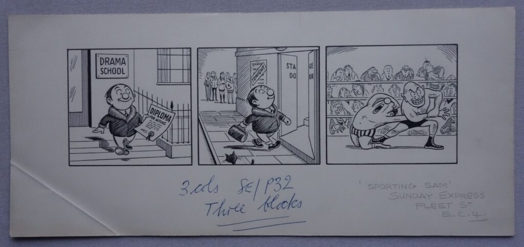 Sporting Sam art by Reg Wooton for Sunday Express (1969) - Drama lessons prove useful for Sporting Sam in an unexpected arena!