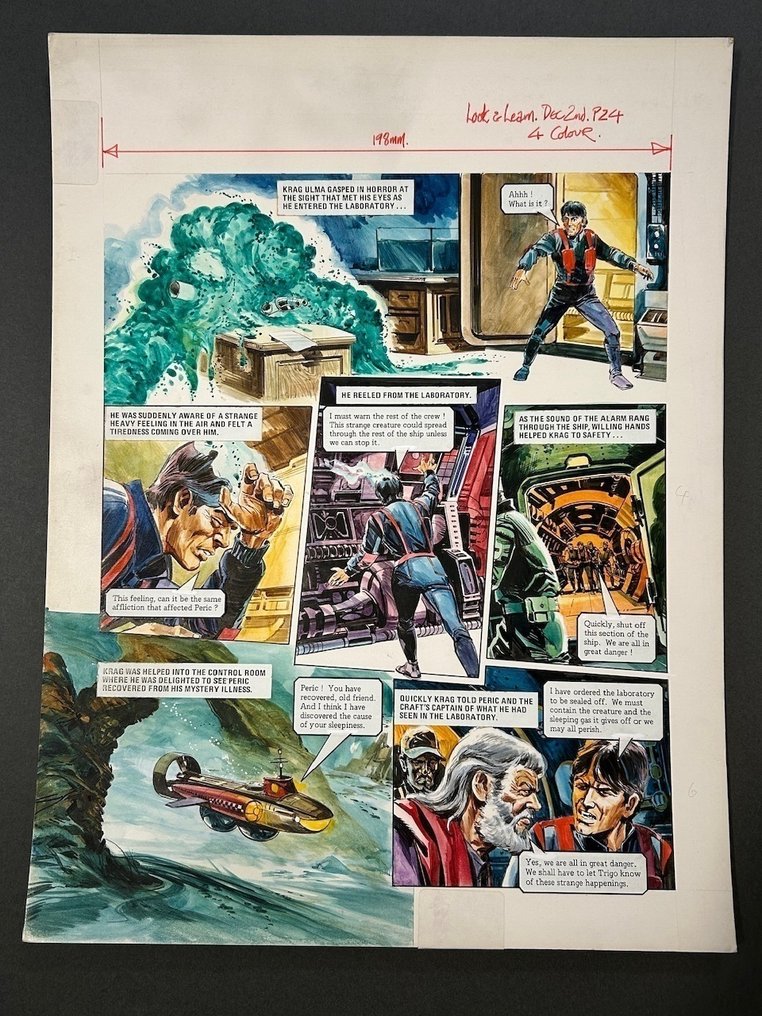 Two "Trigan Empire" pages by Gerry Wood painted for Look and Learn, cover dated 2nd December 1978. These boards feature a mysterious deep-sea creature which has seeped into the Trigan submarine. The creature is sending the crew to sleep and they will surely perish if something is not done. The pages include Peric, the wisest and most scientific of the Trigans.
