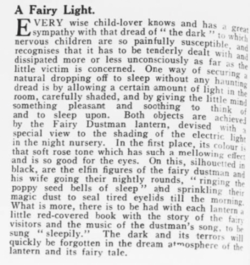 The Fairy Dustman lantern as featured in The Queen, Saturday 14th January 1922, available from shops such as the Artistic Shade Company, 148, Kensington High Street, London