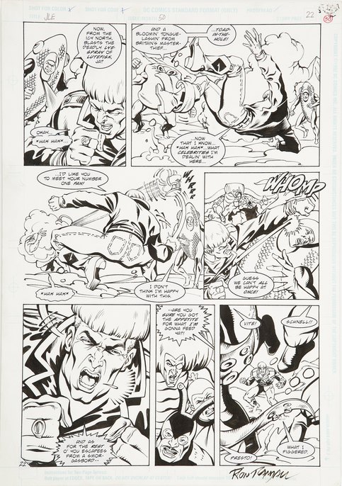 A semi-classic Justice League Europe page by Ron Randall, inked by the always-rascally Randy Elliot