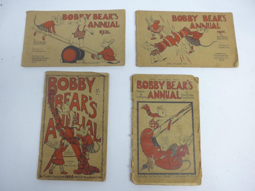 Four 1920s soft cover copies of Bobby Bear's Annual by "Aunt" Kitsie Bridges, illustrated by Dora McLaren, published by The Daily Herald