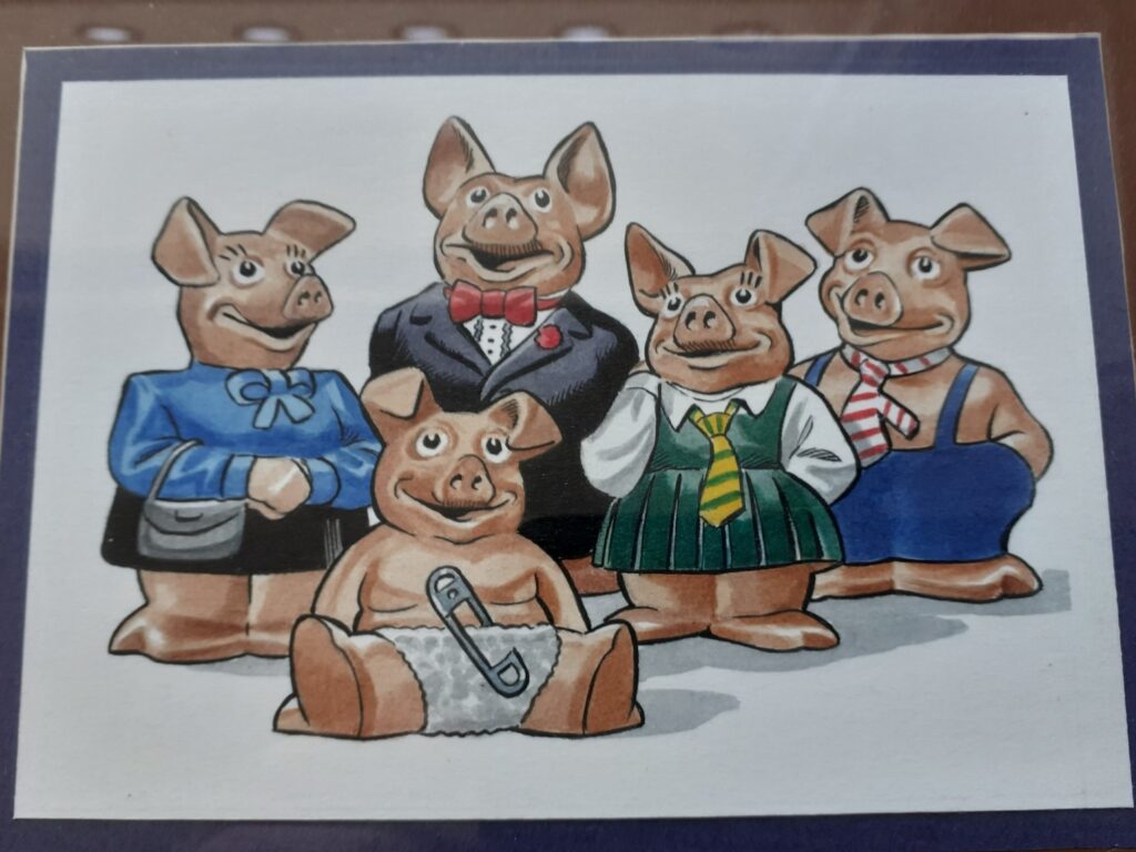 Mike Noble’s original art for an issue of World Savers magazine, featuring the Piggy Bank family. Via owner Andrew Cooper