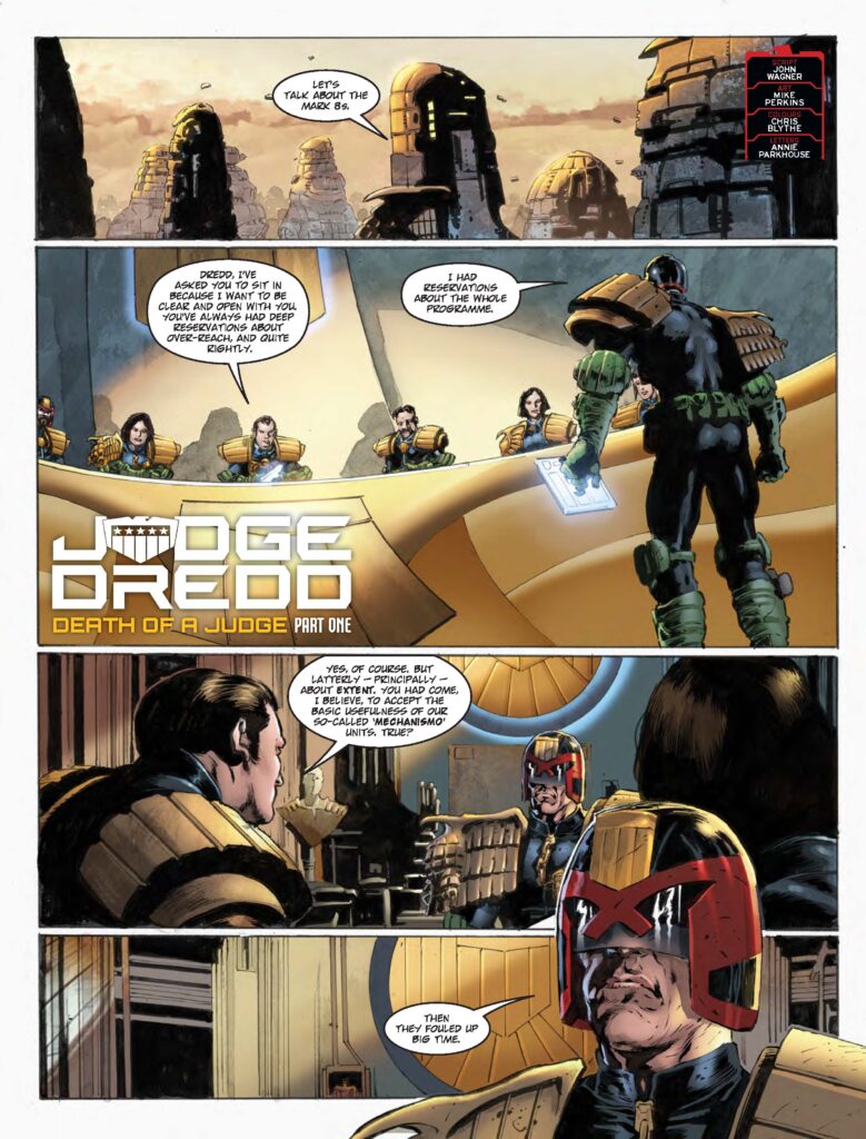 2000AD Prog 2464 - JUDGE DREDD // DEATH OF A JUDGE
by John Wagner (Writer) Mike Perkins (Artist) Chris Blythe (Colourist) Annie Parkhouse (Letterer)