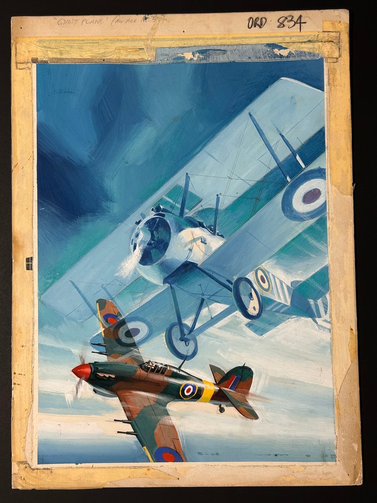 A unique original Watercolour painting by Pino Dell'Orco, the cover of Air Ace Picture Library No. 52, "Ghost Plane", published by Fleetway Publications in May 1961. The painting depicts a scene from World War Two showing a British Hurricane fighter and the ghostly appearance of a World War One biplane. The art was used again on War Picture Library No. 1088