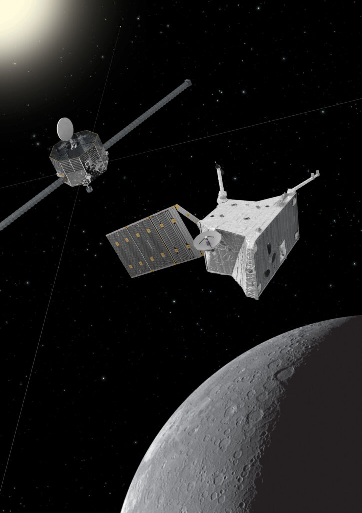 Artist’s impression of the BepiColombo spacecraft at Mercury. The mission comprises ESA’s Mercury Planetary Orbiter (foreground) and JAXA’s Mercury Magnetospheric Orbiter (background) Image: ESA
