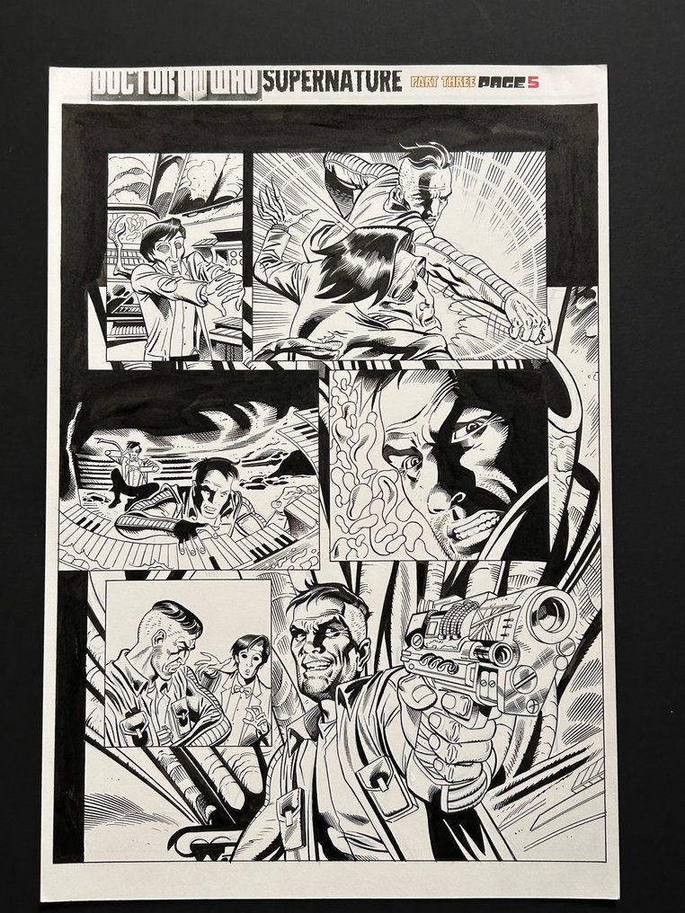 An original Doctor Who art page drawn by Mike Collins and inked by David Roach for 'Doctor Who: Supernature" (Part 3 Page 5) featuring  the Eleventh Doctor (Matt Smith). The story ran in Doctor Who Magazine Issues 421 - 423 and was the first to feature the Eleventh Doctor in the magazine. It also marked the first appearance of Amy Pond, and is heavy on the action!