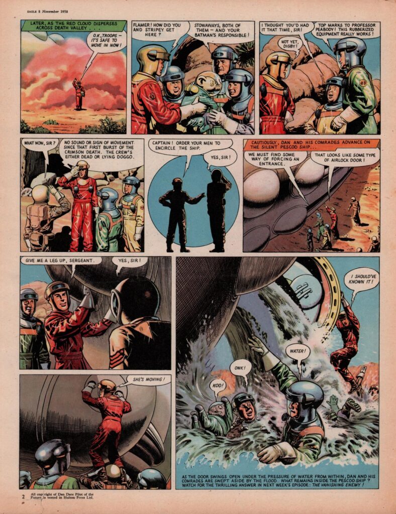 "Dan Dare - The Phantom Fleet" from Eagle Volume 9, No. 45, cover dated 8th November 1958. The story was written by Frank Hampson and Alan Stranks. Credited artists on the story are Frank Hampson, Keith Watson, Desmond Walduck, and Gerald Palmer, who worked on "Dan Dare" from "The Phantom Fleet", where he worked on 'backgrounds' from partway through the story