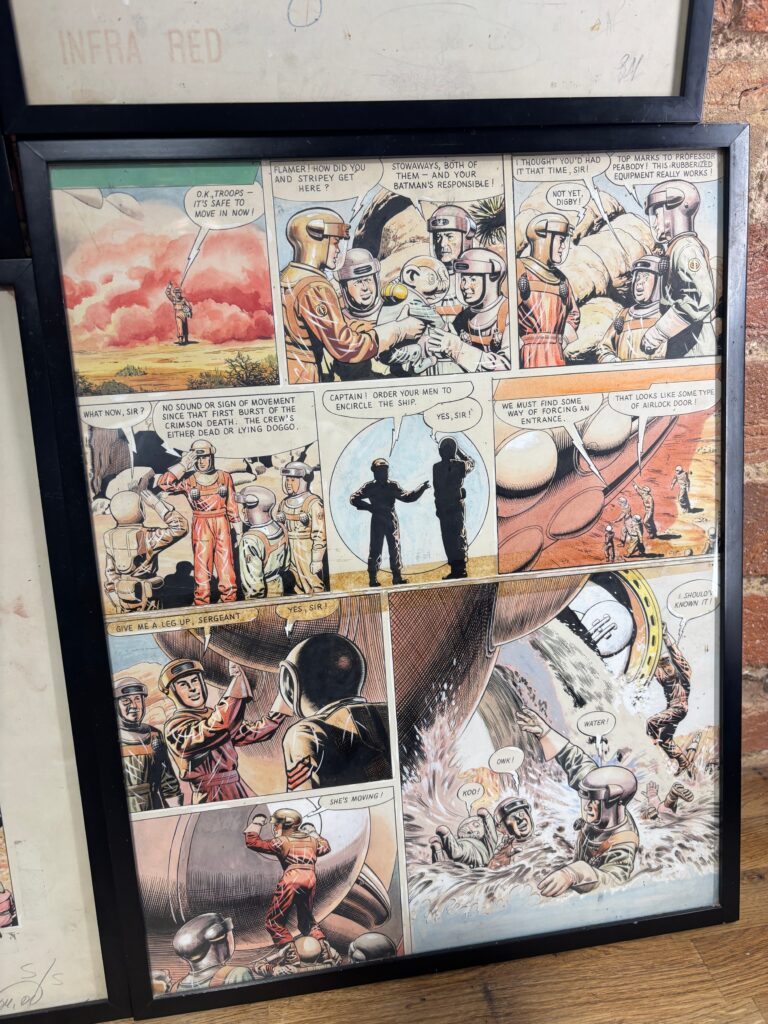 "Dan Dare - The Phantom Fleet" from Eagle Volume 9, No. 45, cover dated 8th November 1958. The story was written by Frank Hampson and Alan Stranks. Credited artists on the story are Frank Hampson, Keith Watson, Desmond Walduck, and Gerald Palmer, who worked on "Dan Dare" from "The Phantom Fleet", where he worked on 'backgrounds' from partway through the story