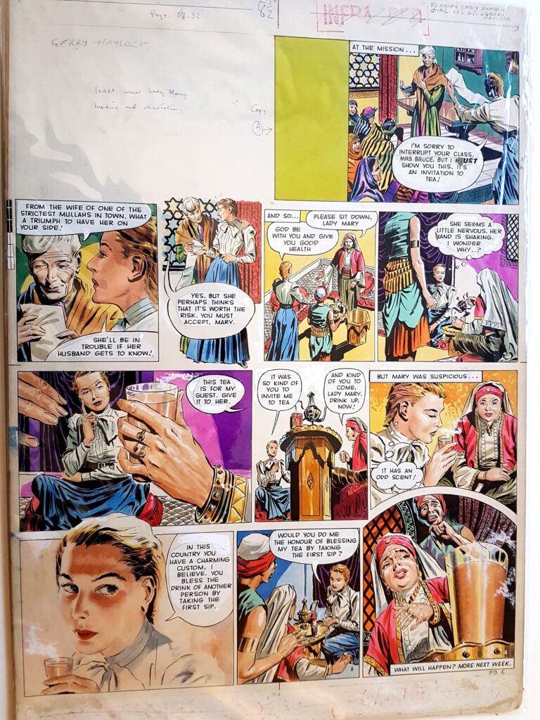 "Persia's Lady Mary" by Gerald (Gerry) A. Haylock for Girl, published in 1958. India ink and watercolour on art board. This art was purchased from the Peter Hansen Collection with grant aid from the National Lottery Heritage Fund. Born in 1928, Gerry Haylock’s career spanned the 1950s to the 1970s. "Persia's Lady Mary" was written by the Reverend Chad Varah, later founder of The Samaritans, and told the story of the missionary Mary Bird. Haylock went on to illustrate TV-related strips including "Land of the Giants", "UFO" and "Doctor Who"