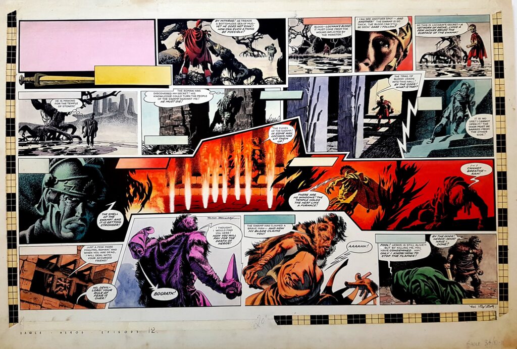 "Heros the Spartan" by Frank Bellamy (1917-1976) for Eagle, 1964 |  India ink and coloured inks on art board. Purchased from the Peter Hansen Collection with grant aid from the National Lottery Heritage Fund.
Bellamy’s career began in the pages of Mickey Mouse Weekly in 1953. He eventually moved on to Eagle, where he worked on Dan Dare, Fraser of Africa, and Heros the Spartan. Heros was a sword & sorcery strip set in Roman times, and Bellamy’s beautifully-coloured two-page spreads won him the prestigious ‘Best Foreign Artist’ award from the American Academy of Comic Book Arts in 1972.