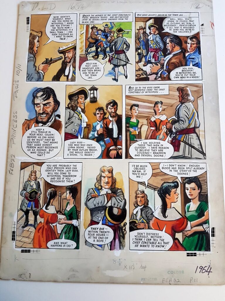 "Daughter of Lorna Doone" by Eric Parker (1898-1974) for Princess, 1964 | India ink and gouache on paper.  Purchased from the Peter Hansen Collection with grant aid from the National Lottery Heritage Fund. Eric Parker was a prolific illustrator and comic artist whose career began depicting the detective Sexton Blake in a number of periodicals between 1922 and 1955. He then worked for comics such as Knock-Out, Cowboy Comics Library, and Buster before landing a long tenure on Princess, illustrating The Daughter of Lorna Doone (aka Amber Ridd). Parker ended up illustrating military strips and articles for Look & Learn, and left behind an unfinished series "A Thousand Years of Spying" when he died.