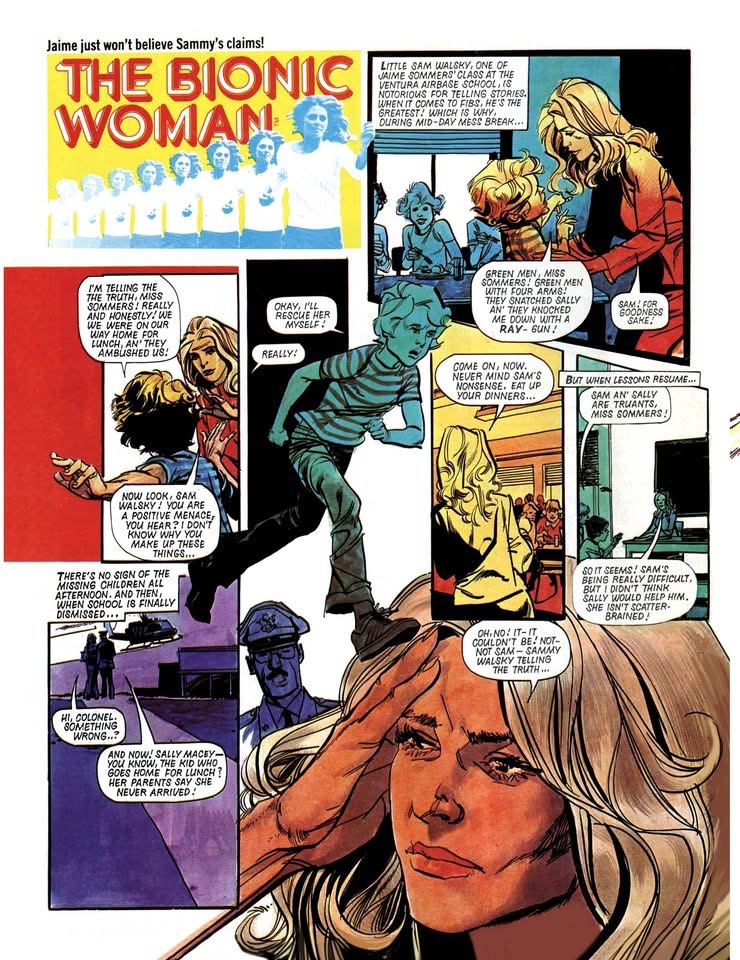 A typical episode of The Bionic Woman from Look-in, art by John M. Burns. With thanks to Colin Brown