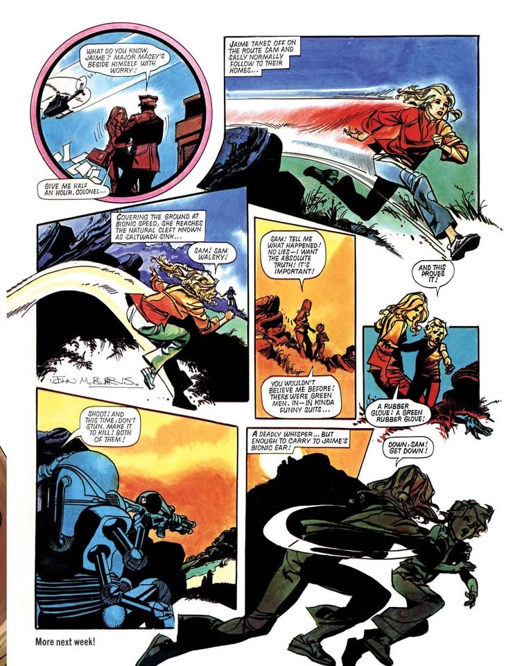 A typical episode of The Bionic Woman from Look-in, art by John M. Burns. With thanks to Colin Brown