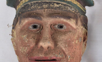 1950's? Plaz Material (Polyester/Fibre Glass Dan Dare mask, marked Plaz Material to back, missing string and has paint loss, wear and other minor damage