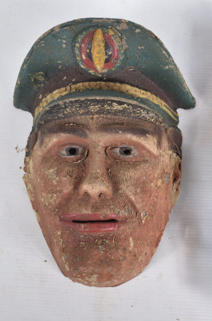 1950's? Plaz Material (Polyester/Fibre Glass Dan Dare mask, marked Plaz Material to back, missing string and has paint loss, wear and other minor damage
