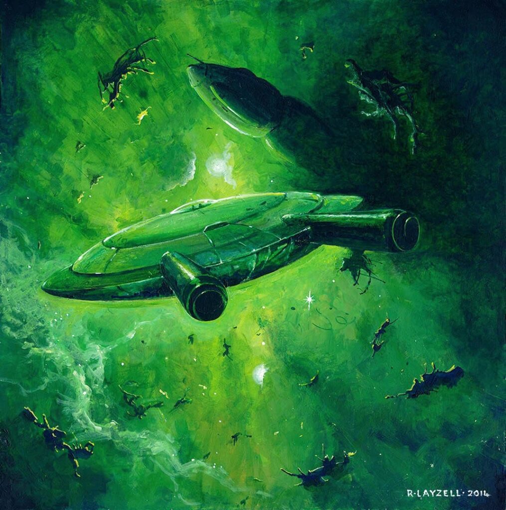 "Green Nebula" by Bob Layzell, 2014. 24" x 24", acrylic on board. Commissioned as a cover for the sci-fi book, "The Star Protocol", but never used.