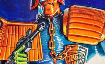 A panel from a stunning page of Judge Dredd artwork by Manuel Benet, first published in Judge Dredd Megazine No. 43 published in 1983. The lot includes the artwork and cover acetate with word balloons, and publisher mark up