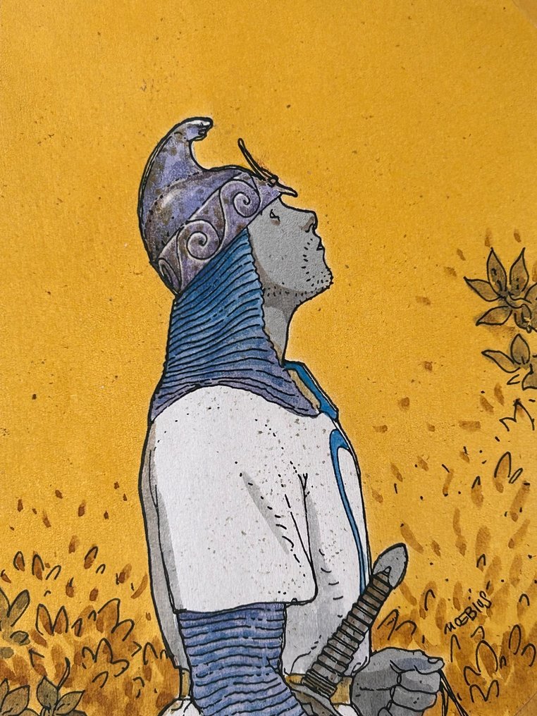 Moebius created a set of Trading Cards in 1993, during his time in the United States with publisher Comic Images. The set of cards included 90 base cards including the checklist card, six foil cards all depicting crystals which were numbered C1-C6, and also an extremely rare promo 'coming soon' card. Moebius initially drew characters from his universes in pen on white drawing paper which were larger than the cards. These drawings were then copied smaller as a print, the same size as the finished cards, hand coloured, and then Moebius redrew the blacks on top of the coloured images. This can be noticed when you gently feel the surface of the thin paper and the pen indents can be felt. Moebius was a master of working small, and this beautiful colour piece depicting the Knight Tornoc, who spent a night in the White Citadel, is no exception. This is the colour art for card #51 in the series.