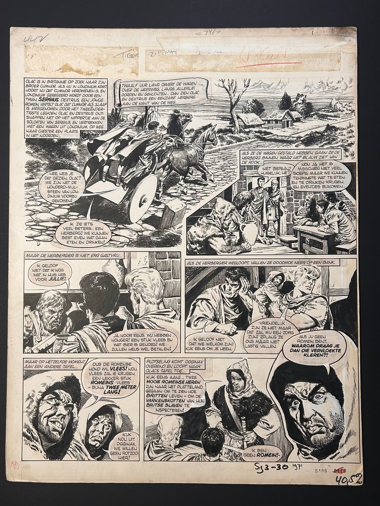 A huge illustration board drawn by comics legend Don Lawrence, illustrator of Trigan Empire, Storm, Maroc the Mighty, Karl the Viking and of course, Olac the Gladiator. First published in Tiger & Hurricane, cover dated 18th June 1966, in this episode Olac is in London (Londinium) searching for his brother, who has been taken as a slave by the Legion. The city is ruled by a vicious tyrant called Sergius, who commands the legion. Olac and his friend Dextrius are fleeing in a chariot escaping danger... but walking into yet more danger! After publication in Britain, these boards were re-lettered with Dutch word balloons to be published in the Netherlands as Don Lawrence had gained great fame as an illustrator and his works were republished.
