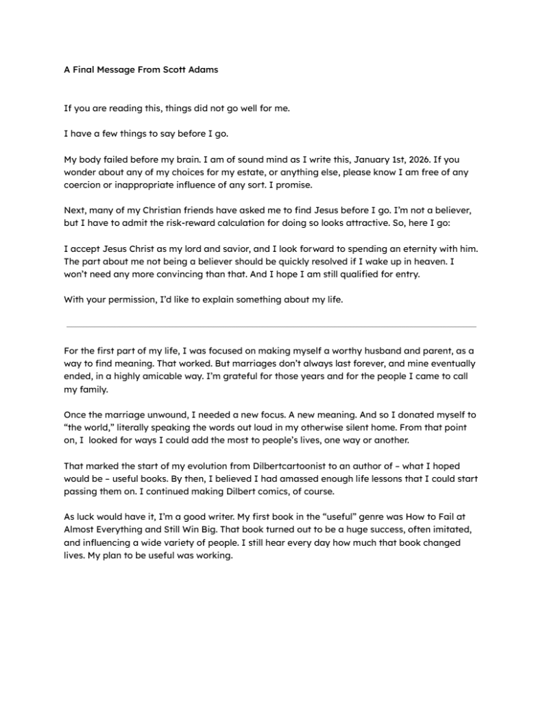 Dilbert creator Scott Adams Last Words, posted to X, 13th January 2026