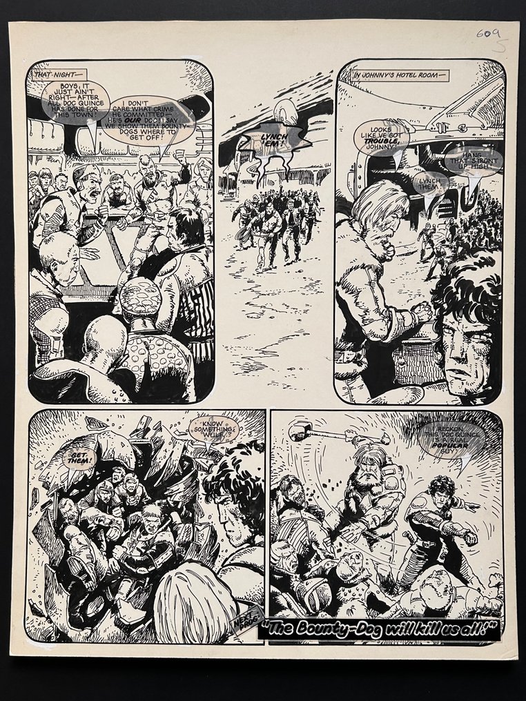 The final page of the first part of ‘The Doc Quince Case’, written by Alan Grant, drawn by Carlos Ezquerra and lettered by Steve Potter. Published in 2000AD Prog 190 cover dated 13th December 1980